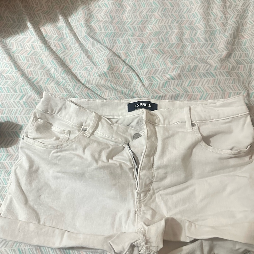 Express white High-Rise denim Midi Shorts 14